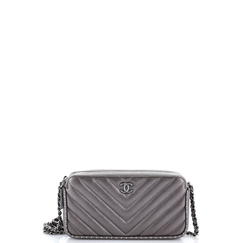 Chanel Double Zip Clutch with Chain Chevron Lambskin with Studded Detail